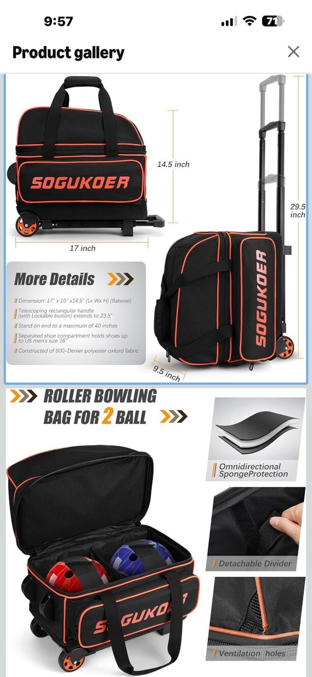 SOGUKOER 2-Ball Roller Bowling Bag Black/Orange Rolling Tote with Handle &wheels